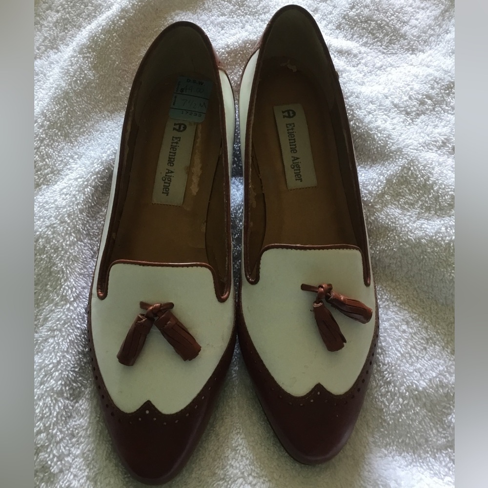 Etienne Aigner Two-Tone Brown and White Tassel Loafers